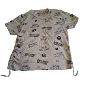 Women's Size 1X White Black "Affirmations " Short Sleeve Crewneck Ruched Shirt